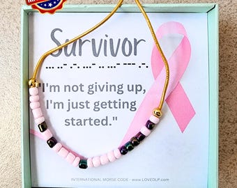 Cancer Survivor Morse Code Bracelet with Message Card | Motivaltional Keepsake Gift | 18k gold plated findings, Seed Beads and Leather | USA