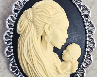 Black Woman & Chilld Cameo  Brooch Pin | Beautiful African American Cameo in Antique Silver tone Setting | Black Cabochon Mounting 40x30mm