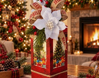Handmade Rustic Christmas Tree Lighted Lantern | Farmhouse Holiday Home Decor Idea