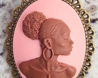 Black Woman Cameo  Brooch Pin | Beautiful African American with Bun Cameo in Antique Bronze tone Setting | Pink Cabochon Mounting 40x30mm