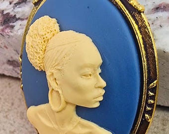 Black Woman Cameo Brooch Pin | Beautiful African American with Bun Cameo in Antique Bronze tone Setting | Ivory Cabochon Mounting 40x30mm
