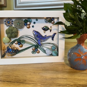White Shadow Box Art | Vintage Blue Enamel Jewelry | Coquina Seashells |Sea Urchin | Bead Work