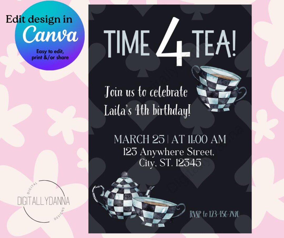 Time 4 Tea Time 4 Tea 4th Birthday Invitation, Checkered Teacups (digital File) - Etsy