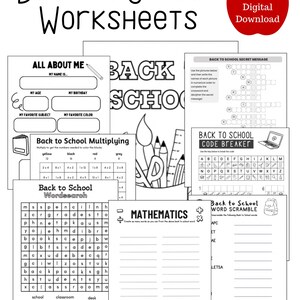 Könnte beinhalten: Schwarz-weiße druckbare Arbeitsblätter für den Schulstart. Die Arbeitsblätter beinhalten Aktivitäten wie eine "Geheime Botschaft zum Schulstart", einen "Schulstart-Codeknacker", ein "Schulstart-Wortsalat", "Alles über mich", "Schulstart-Multiplikation", "Schulstart-Wortsuche" und "Mathematik".