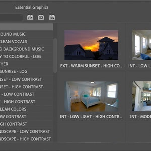 Op de afbeelding: Een screenshot van een computerscherm met een lijst met video-effecten voor vastgoedfotografie. De effecten omvatten "Warme zonsondergang - Hoog contrast", "Laag licht - Laag contrast", "Laag licht - Hoog contrast" en "Moderne schone kleuren".