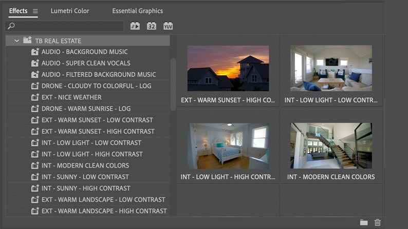 Op de afbeelding: Een screenshot van een computerscherm met een lijst met video-effecten voor vastgoedfotografie. De effecten omvatten "Warme zonsondergang - Hoog contrast", "Laag licht - Laag contrast", "Laag licht - Hoog contrast" en "Moderne schone kleuren".