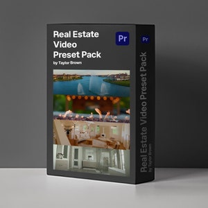 Op de afbeelding: Een zwarte doos met de tekst "Real Estate Video Preset Pack" en "by Taylor Brown" erop. De doos heeft een preview van de presets op de voorkant, met afbeeldingen van een meer, een open haard, een keuken en een badkamer.