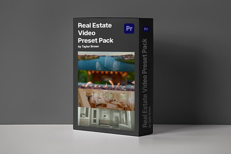 Op de afbeelding: Een zwarte doos met de tekst "Real Estate Video Preset Pack" en "by Taylor Brown" erop. De doos heeft een preview van de presets op de voorkant, met afbeeldingen van een meer, een open haard, een keuken en een badkamer.