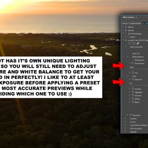 Op de afbeelding: Een screenshot van een videobewerkingssoftware-interface met een schuifregelaar met de naam "Belichting" die is ingesteld op 0,0. De tekst "EVERY SHOT HAS IT'S OWN UNIQUE LIGHTING CONDITIONS, SO YOU WILL STILL NEED TO ADJUST YOUR EXPOSURE AND WHITE BALANCE TO GET YOUR LOOK DIALED IN PERFECTLY! I LIKE TO AT LEAST ADJUST THE EXPOSURE BEFORE APPLYING A PRESET TO GET THE MOST ACCURATE PREVIEWS WHILE DECIDING WHICH ONE TO USE :)" is zichtbaar in de afbeelding.