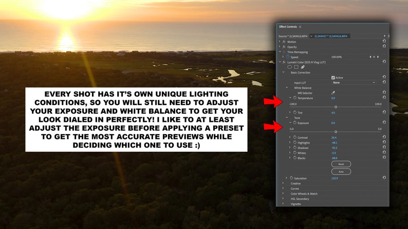 Op de afbeelding: Een screenshot van een videobewerkingssoftware-interface met een schuifregelaar met de naam "Belichting" die is ingesteld op 0,0. De tekst "EVERY SHOT HAS IT'S OWN UNIQUE LIGHTING CONDITIONS, SO YOU WILL STILL NEED TO ADJUST YOUR EXPOSURE AND WHITE BALANCE TO GET YOUR LOOK DIALED IN PERFECTLY! I LIKE TO AT LEAST ADJUST THE EXPOSURE BEFORE APPLYING A PRESET TO GET THE MOST ACCURATE PREVIEWS WHILE DECIDING WHICH ONE TO USE :)" is zichtbaar in de afbeelding.