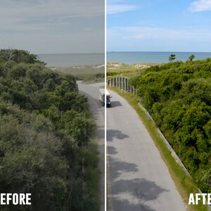 Op de afbeelding: Een voor- en na-afbeelding die het verschil in kleur en helderheid van een foto laat zien. De voor-afbeelding is dof en wazig, terwijl de na-afbeelding helder en duidelijk is. De afbeelding toont een weg die door een bebost gebied slingert met een auto die over de weg rijdt. De oceaan is zichtbaar op de achtergrond.