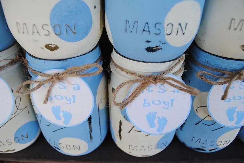 Mason Jar Baby Boy Shower Centerpieces Blue and White Polka Etsy