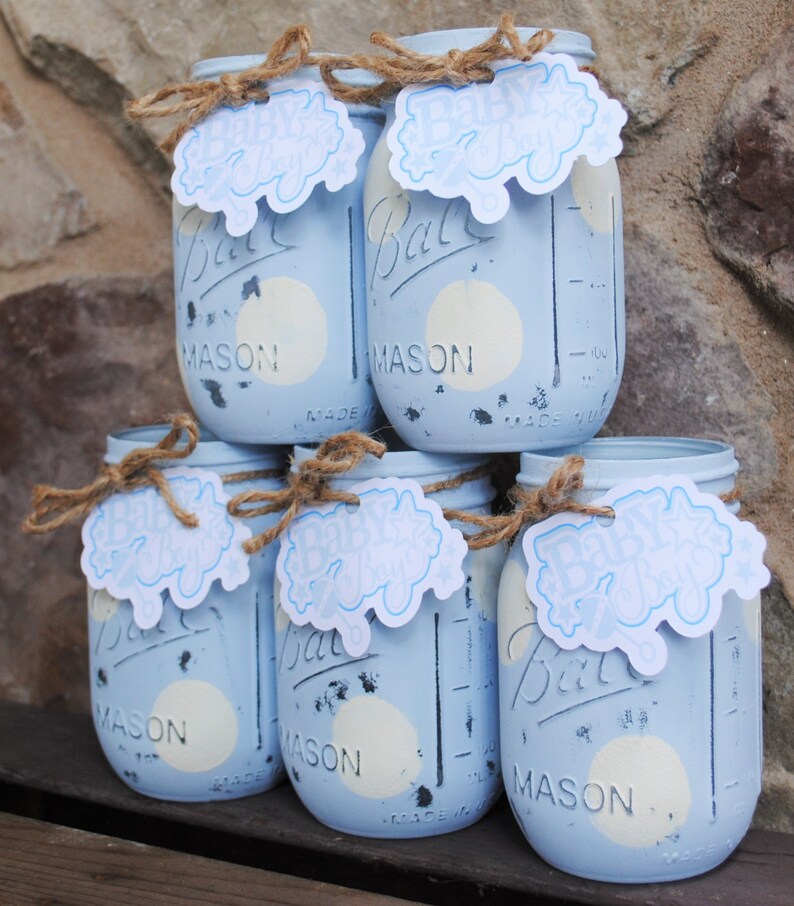 Painted Mason Jars With Baby Boy Rattle Tag Baby Etsy