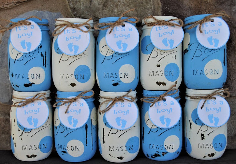 Baby Boy Shower Mason Jar Centerpieces Blue And White Polka Etsy