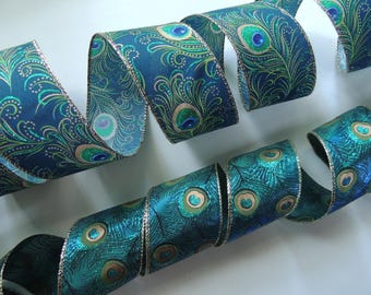 2.5" Peacock Feather Wired Ribbon, 5yd Teal and Gold Peacock Christmas, Wedding Decor, Christmas Bow, Gift Wrap, Wreath, Tree Decoration