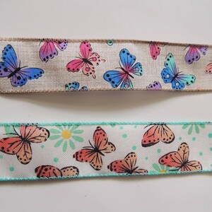 1.5&quot; Butterfly ribbon, Spring Butterflies wired ribbon, Easter Gift ribbon, Butterflies linen ribbon, Spring Butterflies gift wrap ribbon