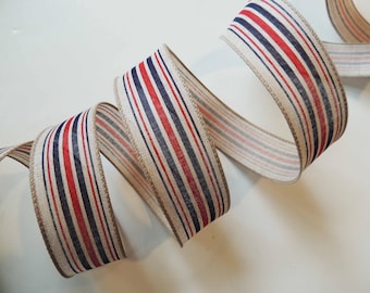 Navy Red Stripe Wired Ribbon, Farmhouse July 4th Decor, Patriotic Wreath Accent, 1.5" Wide, 5 Yards