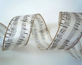 2.5" Musical Note Ribbon, Ivory Satin Wired Edge, Bow ribbon, Wreath ribbon, gift wrapping (5yds)