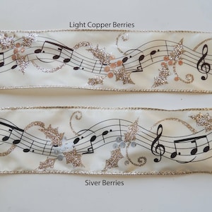 2.5" Christmas Musical Notes Ribbon, Ivory Gold Holly Music sheet ribbon, Christmas Tree Decor, Winter Holidays Decor, Wreath, gift Wrap