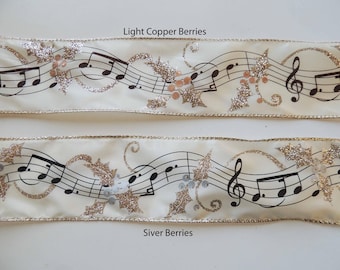 2.5" Christmas Musical Notes Ribbon, Ivory Gold Holly Music sheet ribbon, Christmas Tree Decor, Winter Holidays Decor, Wreath, gift Wrap