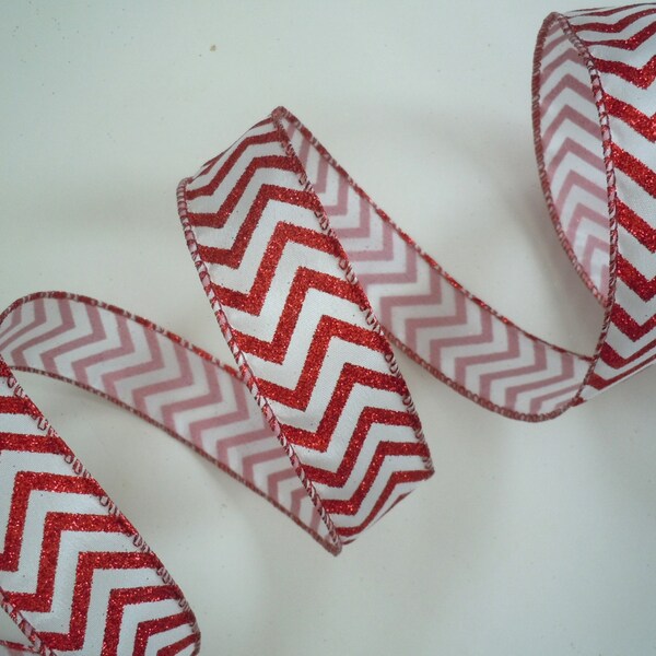 1.5" Christmas Wired ribbon, Sparkle Red Chevron Christmas Ribbon, Sparkle Red White Chevron Ribbon, Christmas Ribbon for Bows, Gift Ribbon
