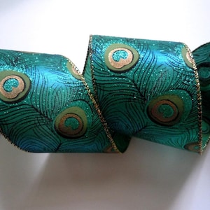 2.5&quot; Peacock Feathers Wired Ribbon Peacock Christmas Ribbon Teal Peacock Wired Ribbon for Tree, Peacock ribbon for Wreath Bows 5yds