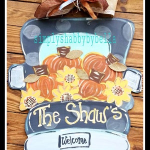 Happy Fall Truck with pumpkins and sunflowers Door Hanger