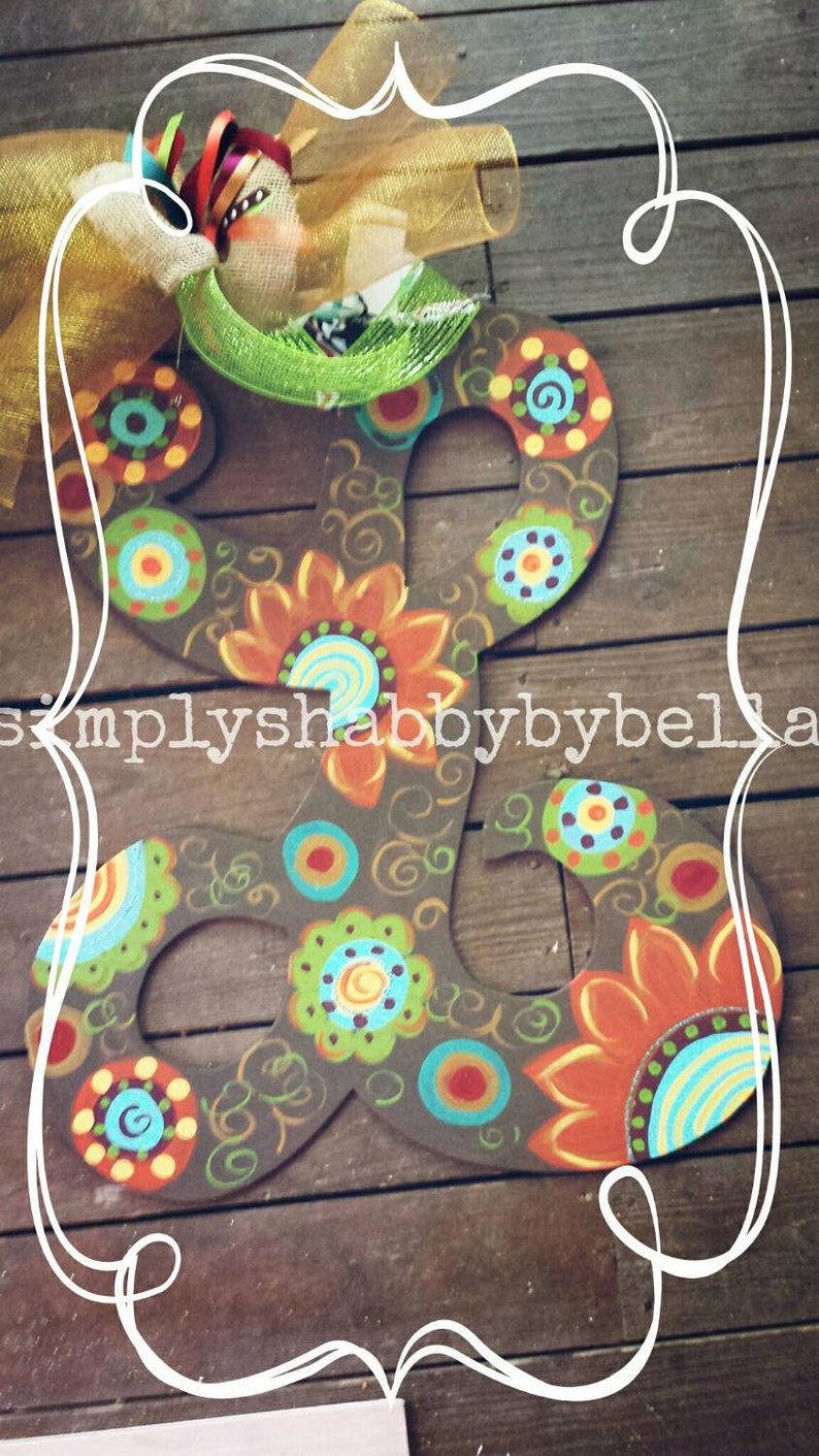 Beautiful Flowers Hand Painted Wood Letter Initial Door Etsy