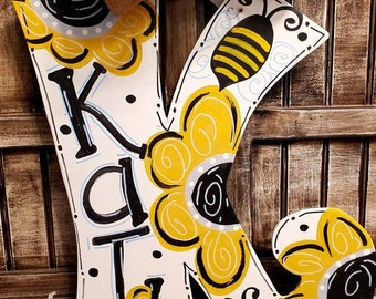 Bumble Bee Theme wooden Initial Door Hanger