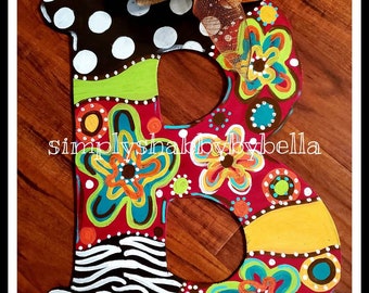 Colorful and Bright Wood Initial / Letter Door Hanger Flowers Polka Dots