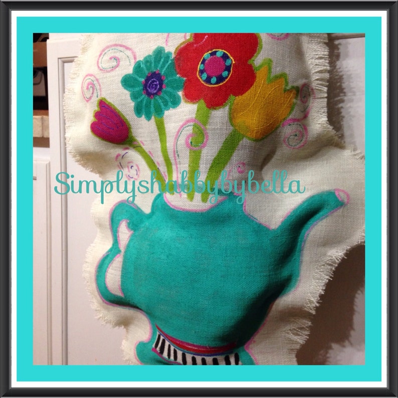 Spring Tea Pot flowers burlap Door Hanger Etsy