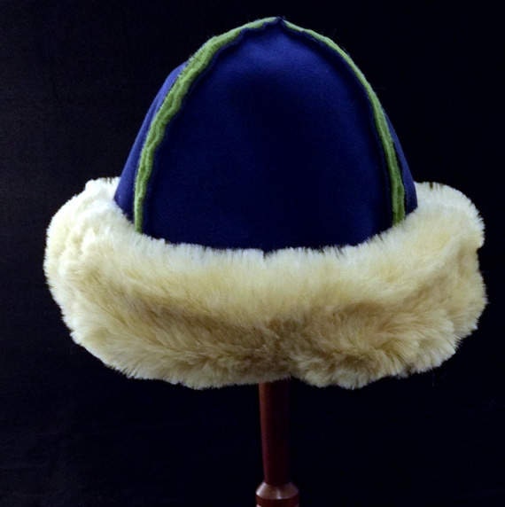 Medieval Mongol Viking Blue, Light Green and Tan Faux Fur Hat