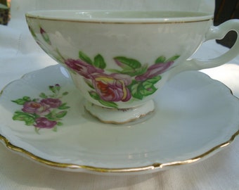 Vintage Footed Teacup And Saucer Floral Rose Pattern