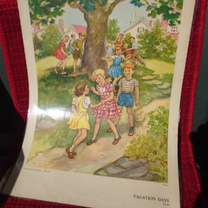 May include: A vintage illustration of children playing outdoors on a sunny day. The children are wearing colorful clothing and are gathered around a large tree. The illustration is titled "Vacation Days" and is dated 1949.