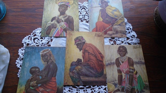 Vintage Native South African Postcards (5) - Original Painting by