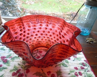 Victorian Cranberry Hobnail Ruffled GlassShade For Gas/Oil Lamp