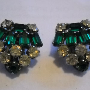 Rhinestone Clip on Earring Pave Setting of Green and Clear Rhinetones - Silvertone