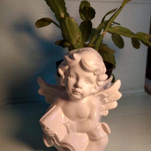 Könnte beinhalten: Weiße Keramikengelfigur, die ein Buch hält. Der Engel hat Flügel und sitzt mit gekreuzten Beinen. Die Figur steht vor einer grünen Pflanze.