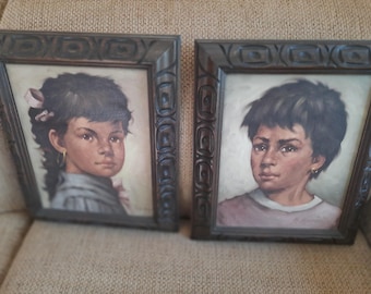 Serie Bambini Gitani di M. Marini, litografia su tela, anni '60, coppia abbinata