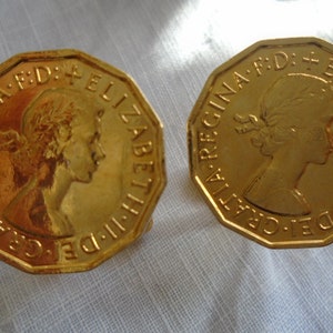 Queen Elizabeth II Gold Tone 3 Pence Coin Cufflinks