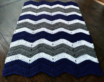 Handmade Crochet Navy Blue, Gray/Silver and White Baby Blanket