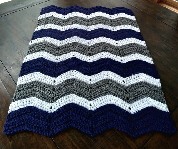 Handmade Crochet Navy Blue Gray silver and White Baby Blanket