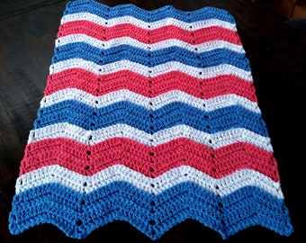 Handmade Crochet Peony Pink, Delft Blue and White Baby Blanket