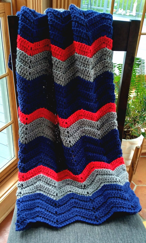 Handmade Crochet Navy Blue, Gray/silver and Red Baby Blanket