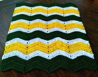 Handmade Crochet Hunter Green, Yellow and White Baby Blanket