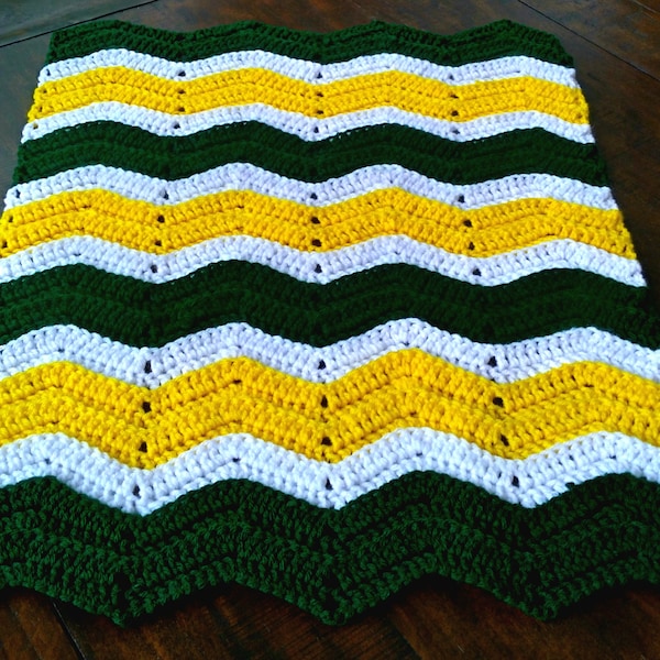 Handmade Crochet Hunter Green, Yellow and White Baby Blanket