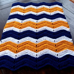 Handmade Crochet Navy Blue, Gold and White Baby Blanket