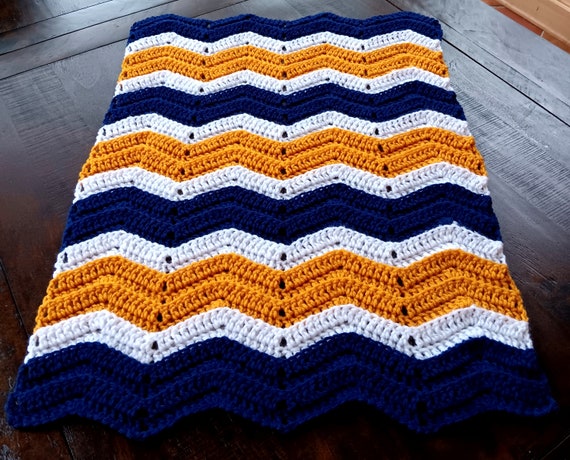 Handmade Crochet Navy Blue Gold and White Baby Blanket