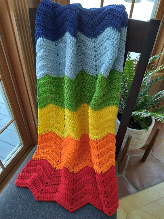 Handmade Crochet Red Orange Yellow Lime Green Baby Blue Royal Blue and Purple Rainbow Baby Blanket