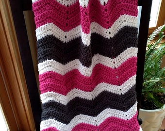 Handmade Crochet Magenta/Pink, Charcoal Gray  and White Baby Blanket